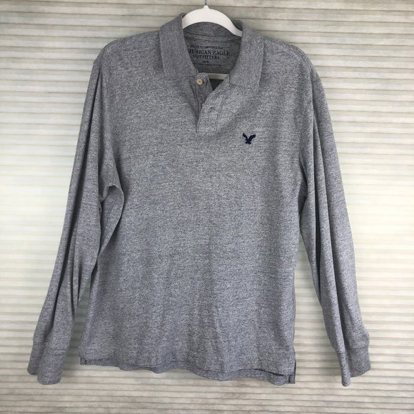 American Eagle Outfitters Gray Athletic Fit Comfy Long Sleeve Polo Shirt Preppy - Picture 1 of 9